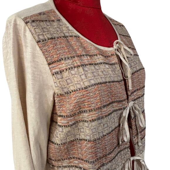 LOGO Lavish Cream tie front top 3/4 sleeve brocade bead embellished Boho size S - Picture 7 of 9